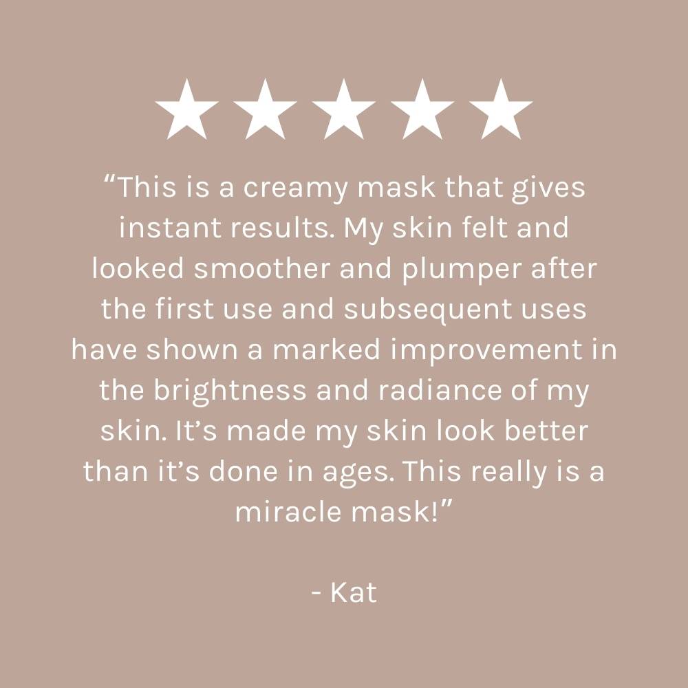 five star customer review on dark beige pink background