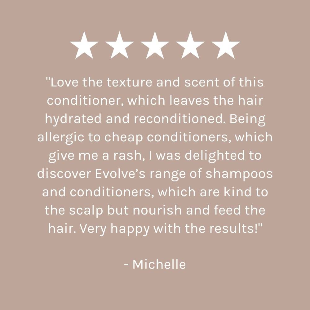 five star customer review of Monoi Rescue Conditioner on dark beige-pink background