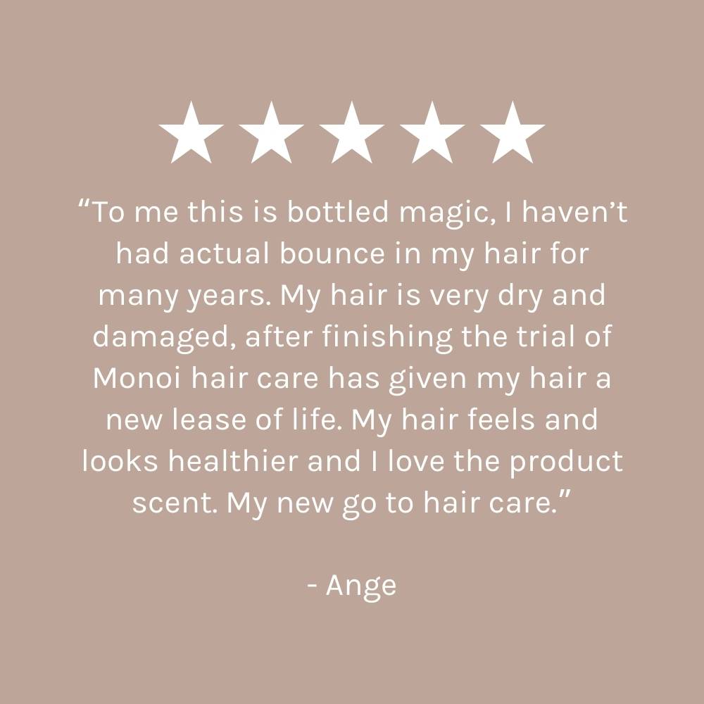 five star customer review on dark beige pink background