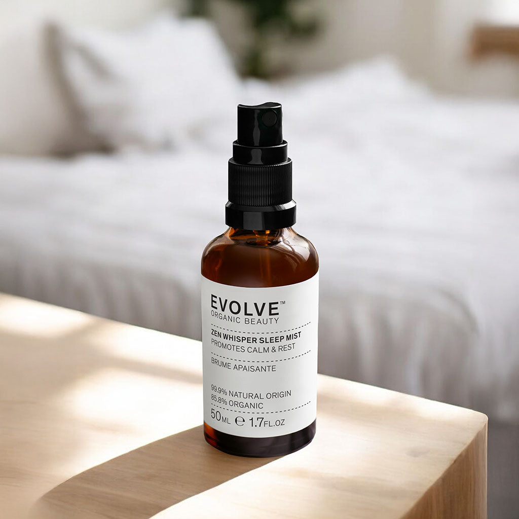 Zen Whisper Sleep Mist Evolve Organic Beauty in calm bedroom setting