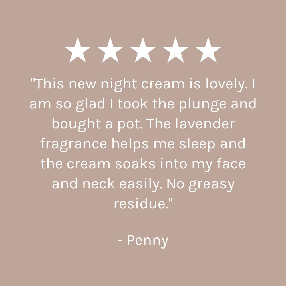 five star customer review on dark beige pink background