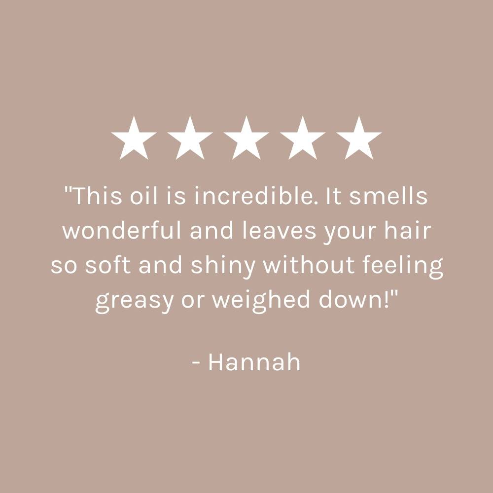 five star customer review of Nourishing Hair Elixir on dark beige-pink background