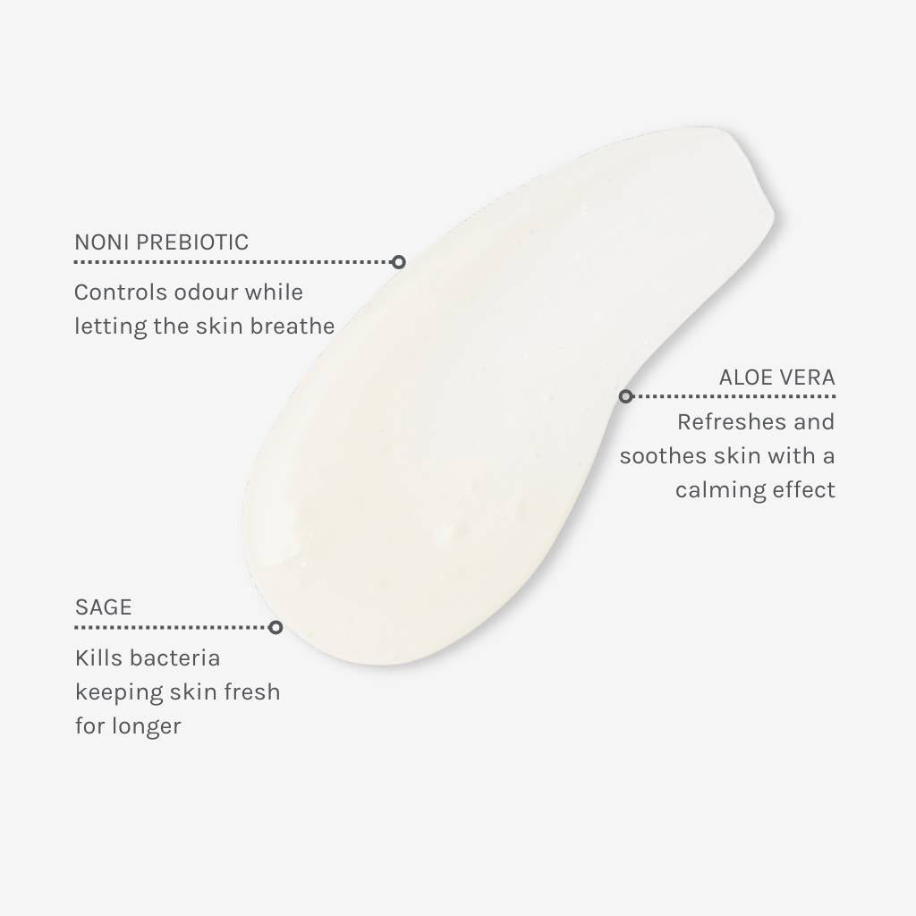 Swatch of Prebiotic Roll On Deodorant with captions explaining the three key ingredient benefits including Noni prebiotic, Aloe Vera and Sage