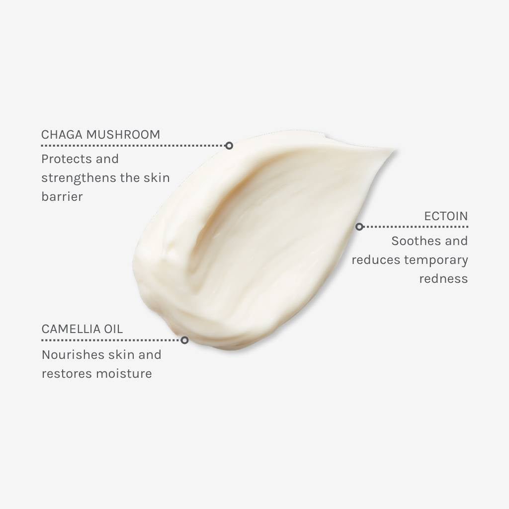 Texture swatch of pro + ectoin soothing cream with annotations showing benefits of ingredients like ectoin, chaga mushroom and camellia oil