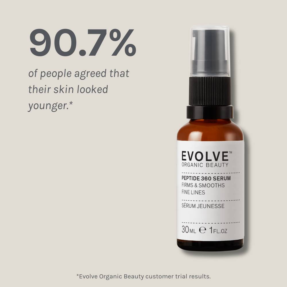 peptide 360 serum packshot on beige background showing results of a positive consumer panel test
