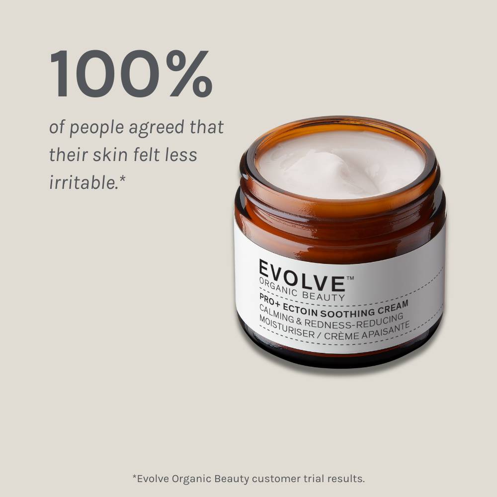 Pro + Ectoin Soothing Cream packshot on dark beige background showing results of a positive consumer panel test
