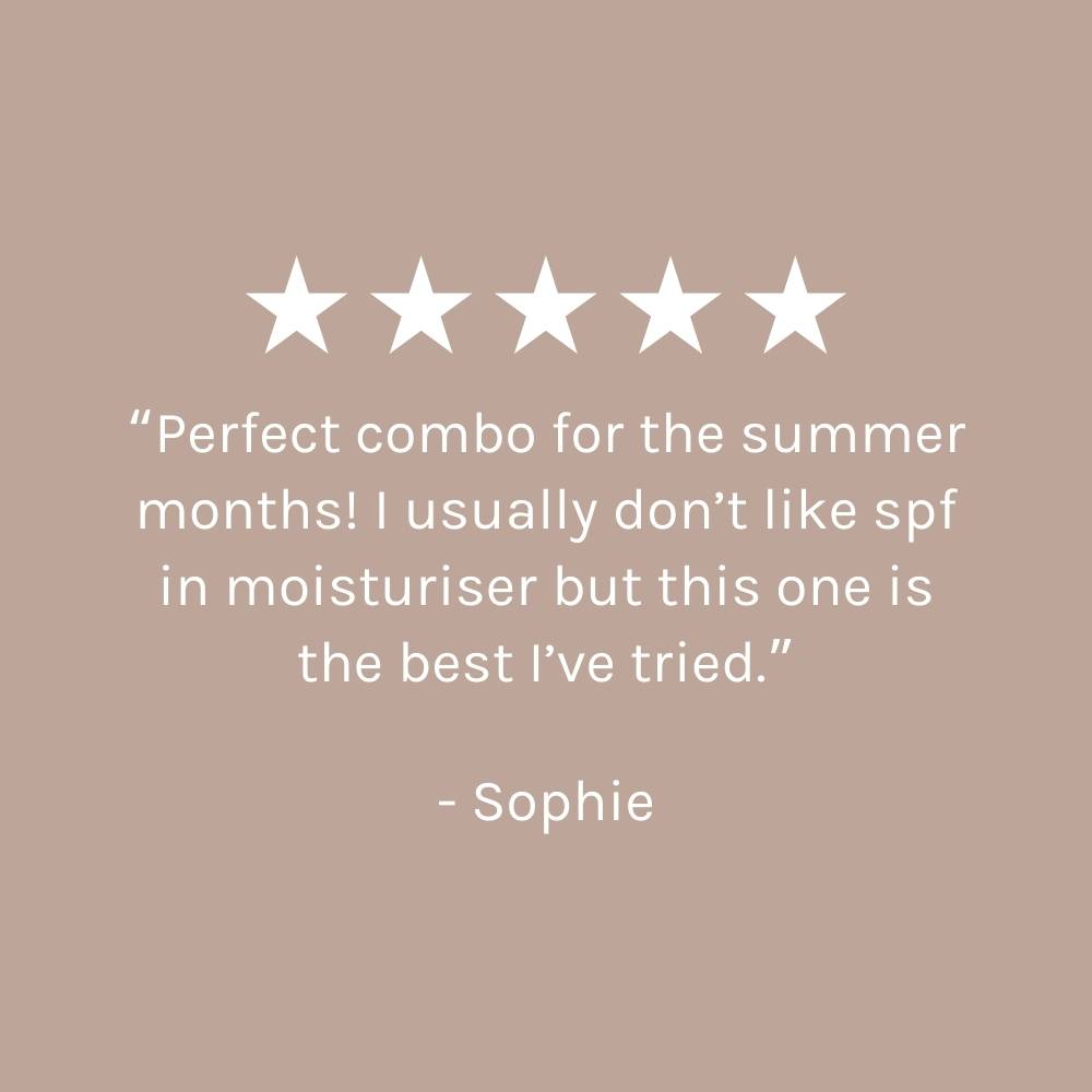 five star customer review on dark beige pink background