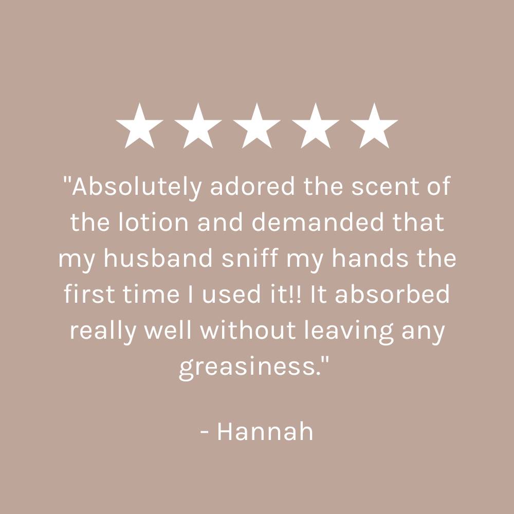 five star customer review on dark beige pink background