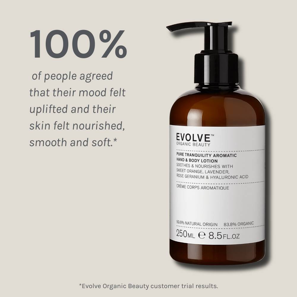 pure tranquility lotion packshot on dark beige background showing results of a positive consumer panel test