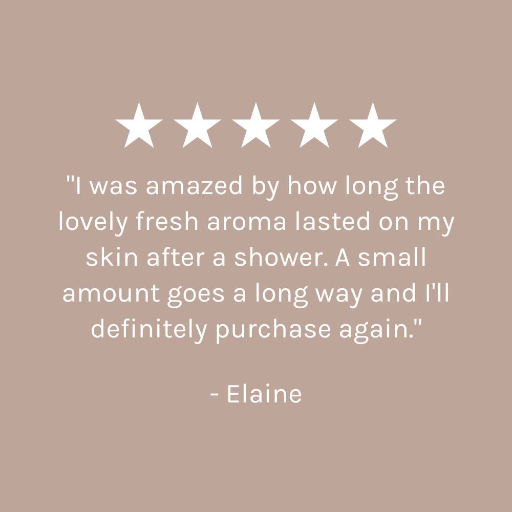 five star customer review on dark beige pink background