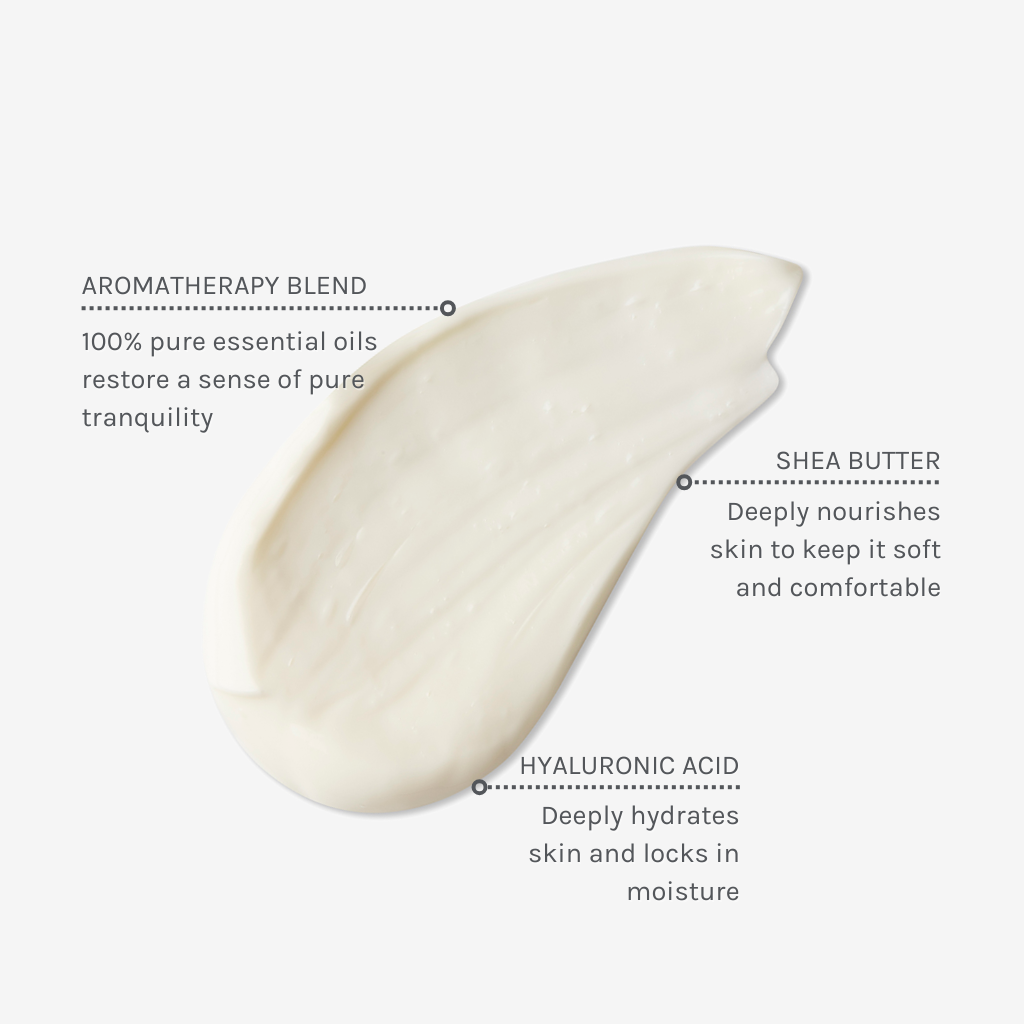 Swatch of Pure Tranquility Aromatic Lotion with captions about the 3 key ingredients