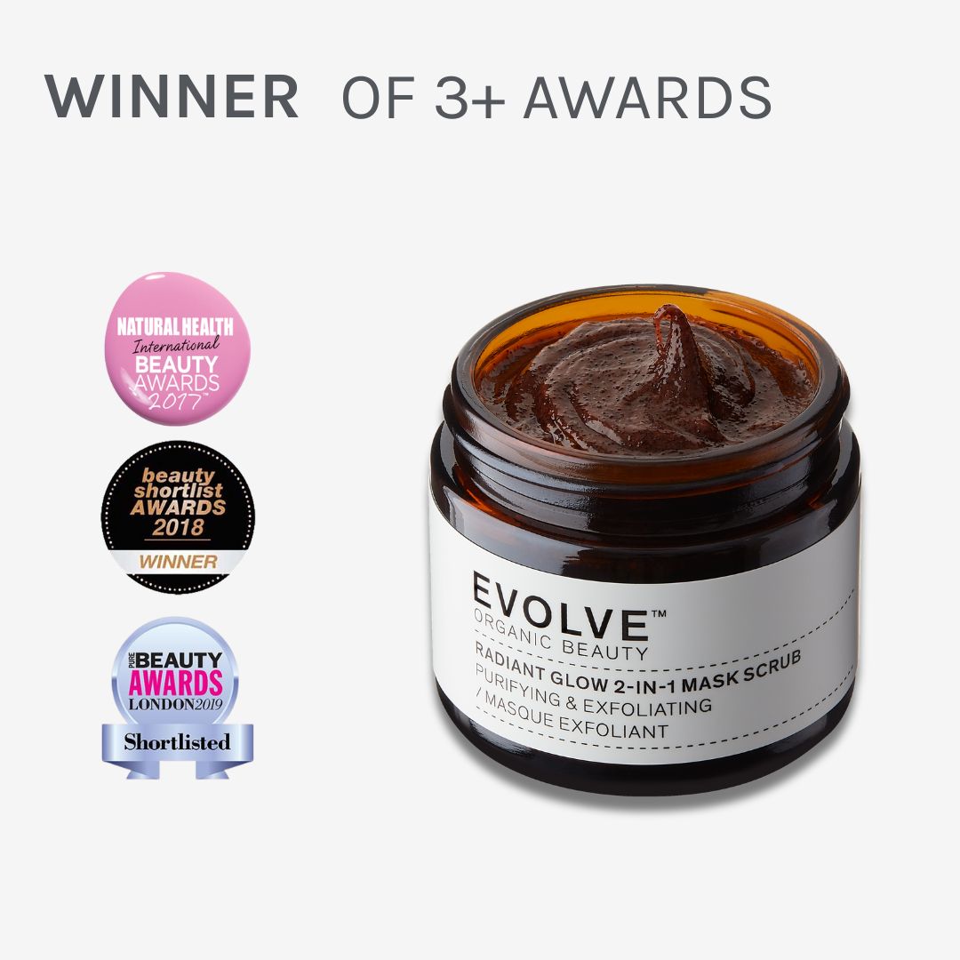 image of radiant glow 2-in-1 mask scrub surrounded by awards the product has won