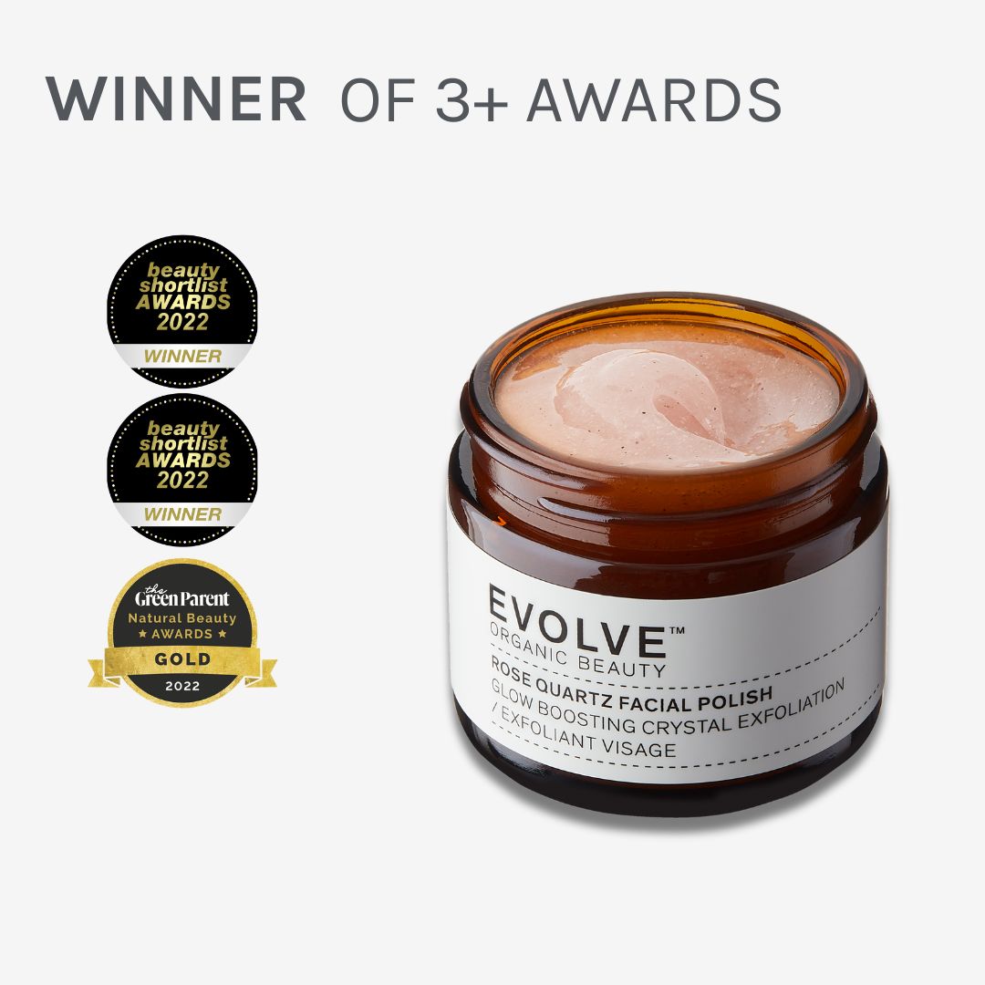 image of rose quartz facial polish surrounded by awards the product has won