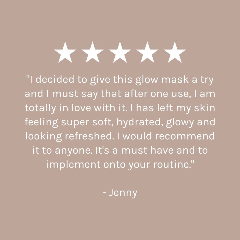 five star customer review on dark beige pink background