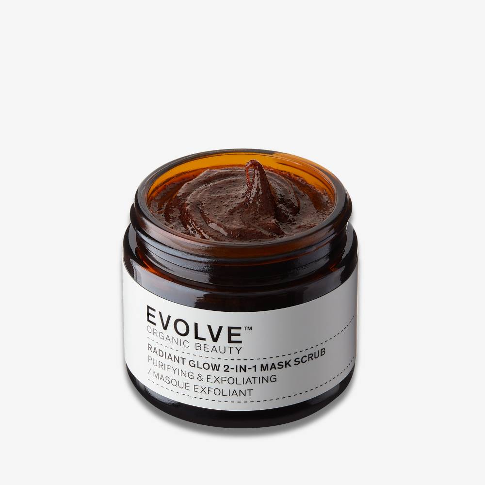 evolve organic beauty open amber jar showing chocolate texture of radiant glow 2-in-1 mask scrub