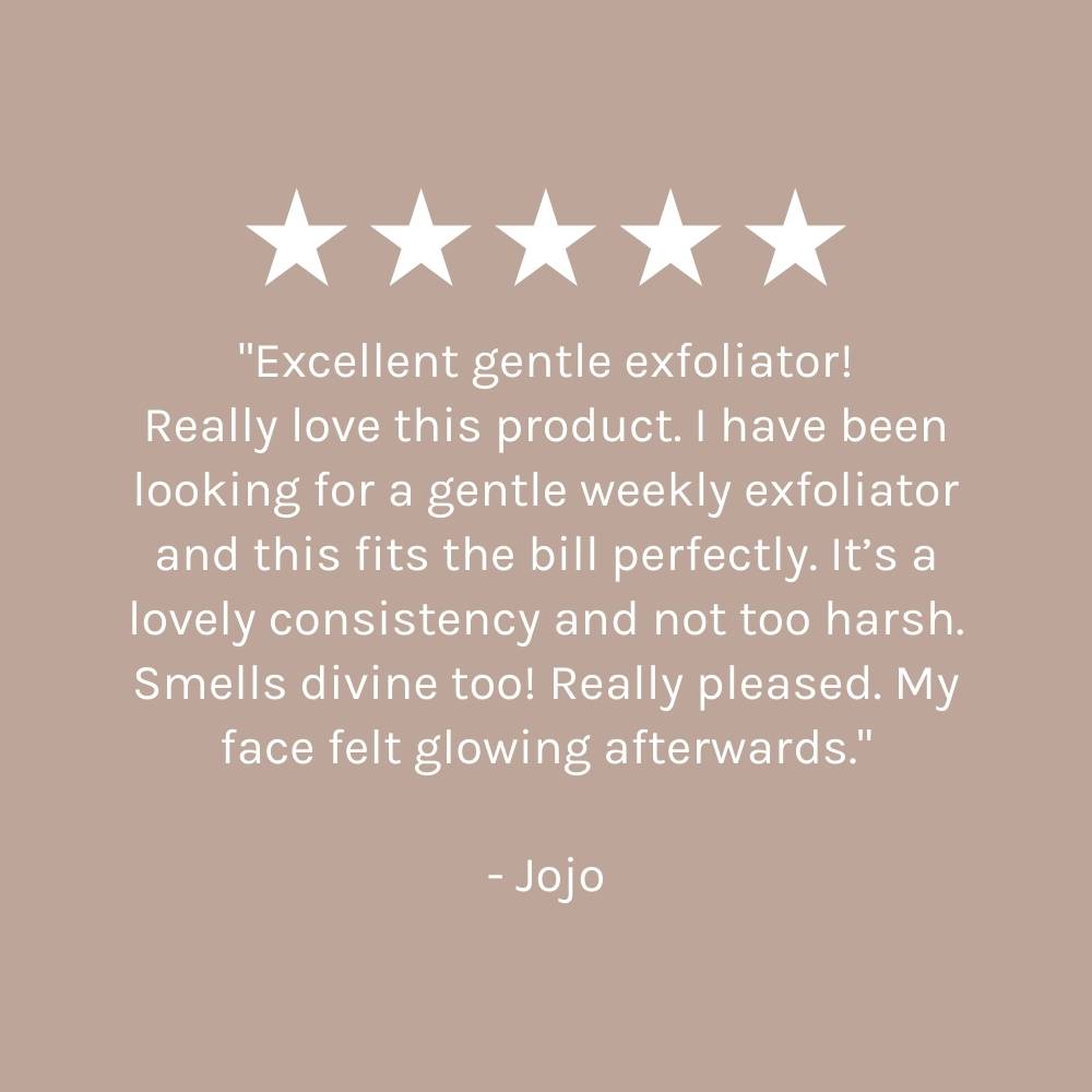 five star customer review on dark beige pink background