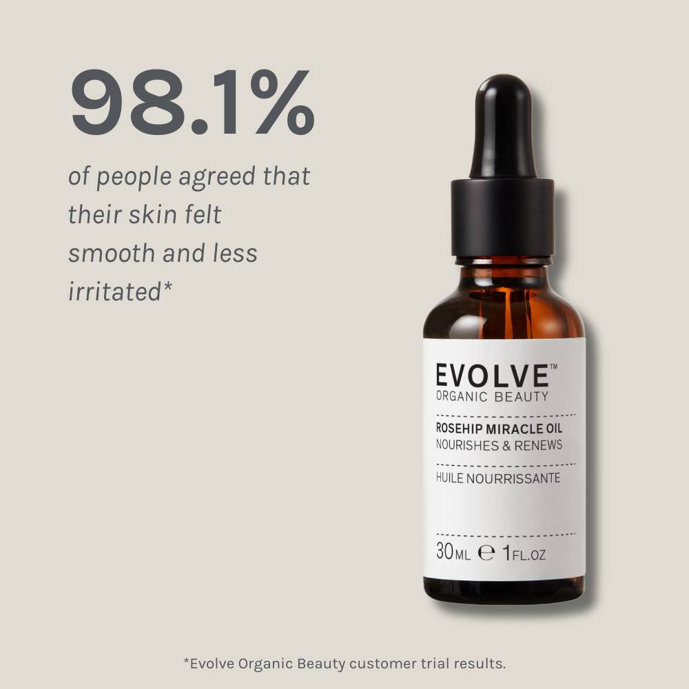 rosehip miracle oil packshot on beige background showing results of a positive consumer panel test