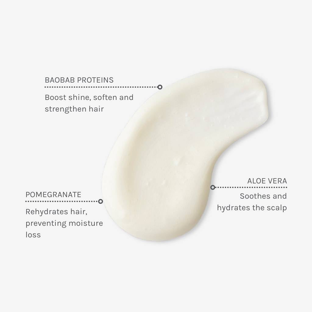 Swatch of Superfood Shine Conditioner with captions explaining the benefits of three key ingredients including Baobab proteins, Aloe Vera and Pomegranate