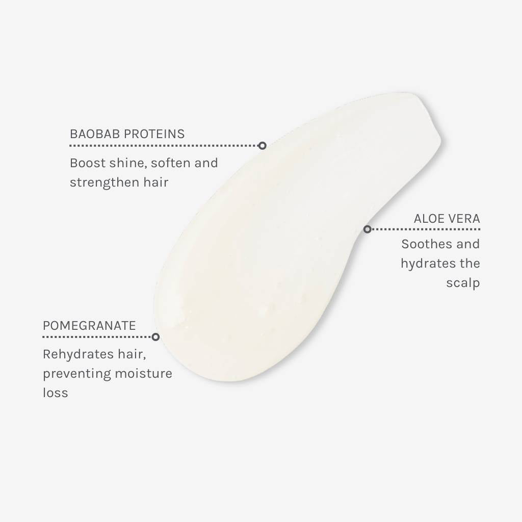 Swatch of Superfood Shine Shampoo with captions explaining the benefits of three key ingredients including Baobab Proteins, Aloe Vera and Pomegranate