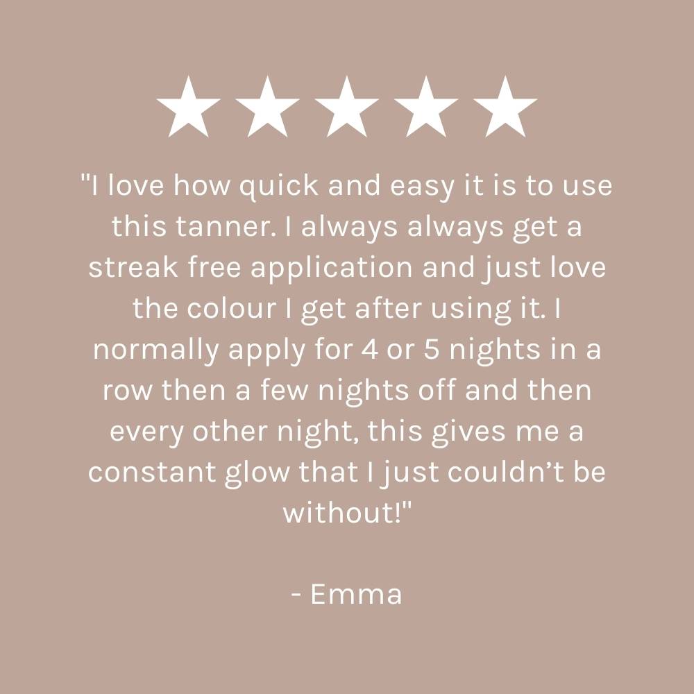 5 star customer review overlayed on a neutral pink beige background. “I love how quick and easy it is to use this tanner. I always get a streak free application and just love the colour I get after using it. I normally apply for 4 or 5 nights in a row then a few nights off and then every other night, this gives me a constant glow that I just couldn&