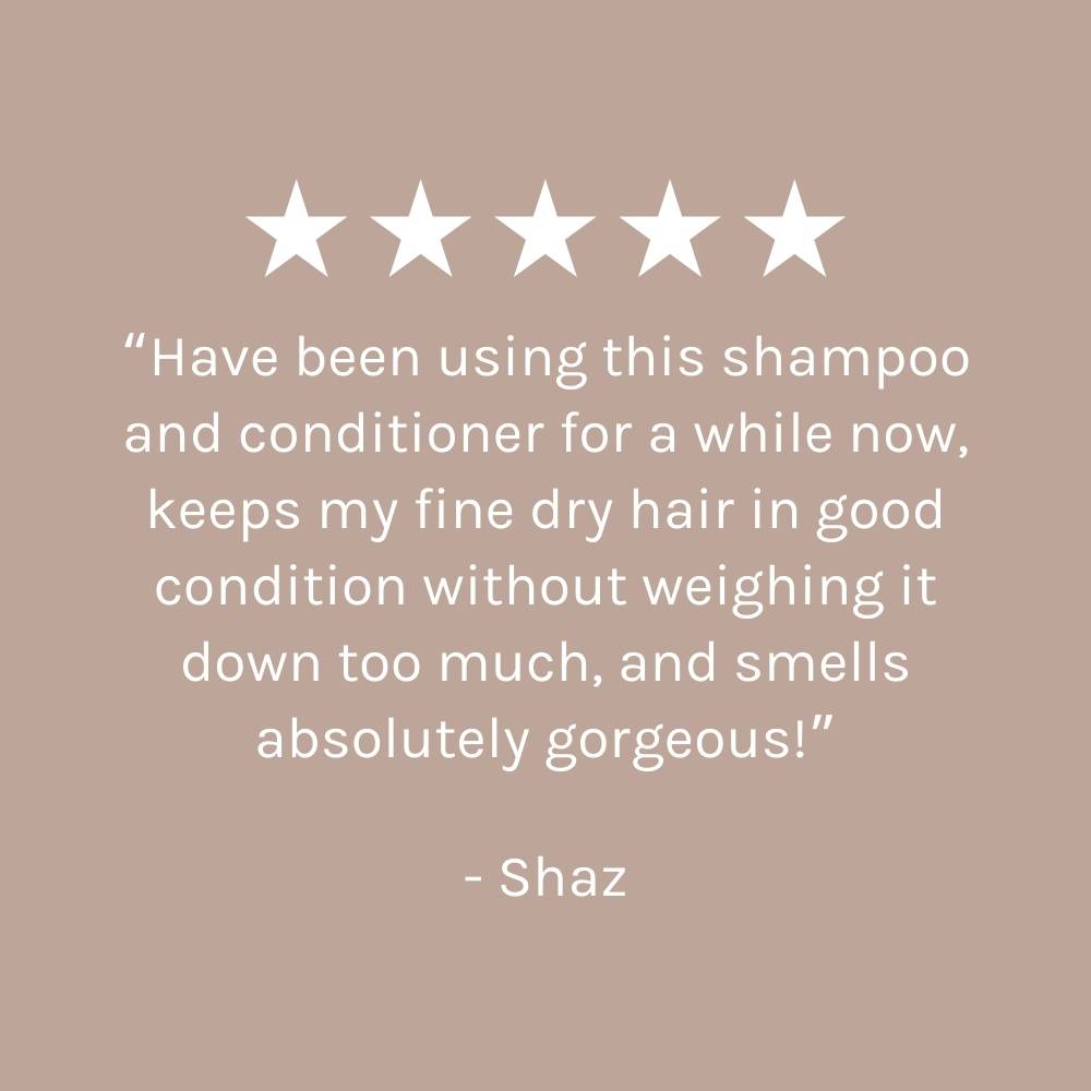 five star customer review on dark beige pink background
