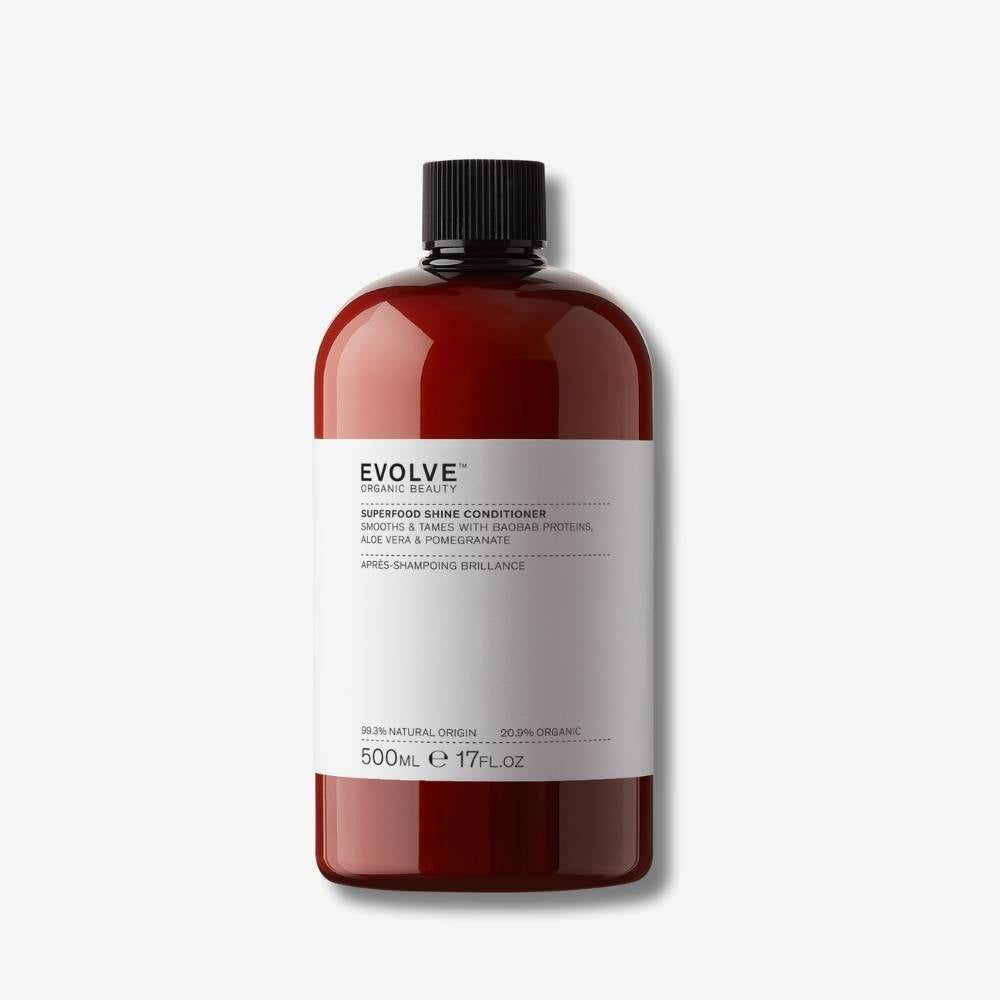 Evolve Organic Beauty Superfood Shine Conditioner Supersize 500ml Refill bottle with black screw cap lid on off-white background with shadow behind