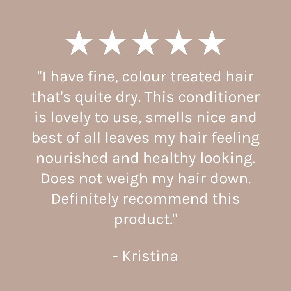 five star customer review of Superfood Shine Conditioner on dark beige-pink background
