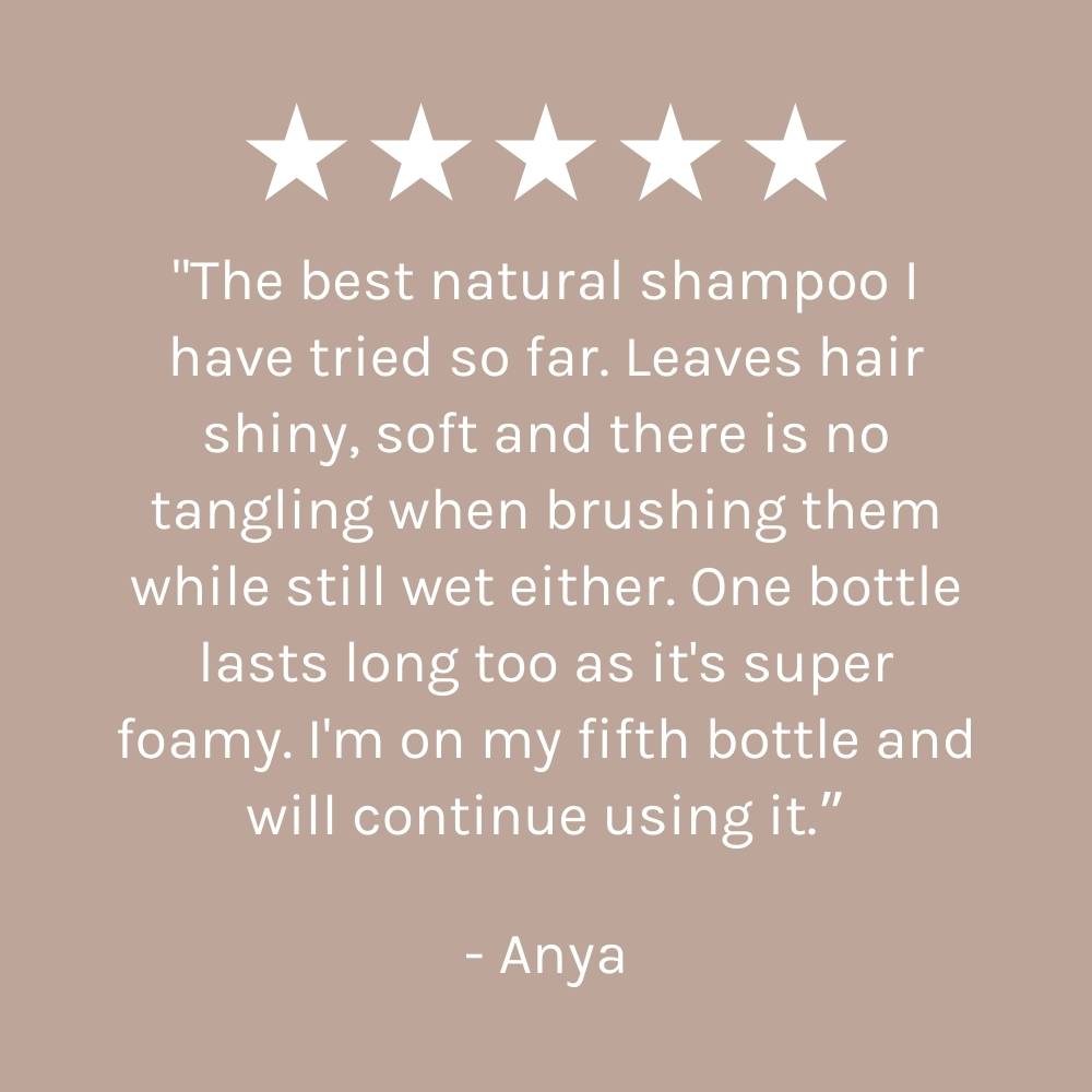 five star customer review of Superfood Shine Shampoo on dark beige-pink background