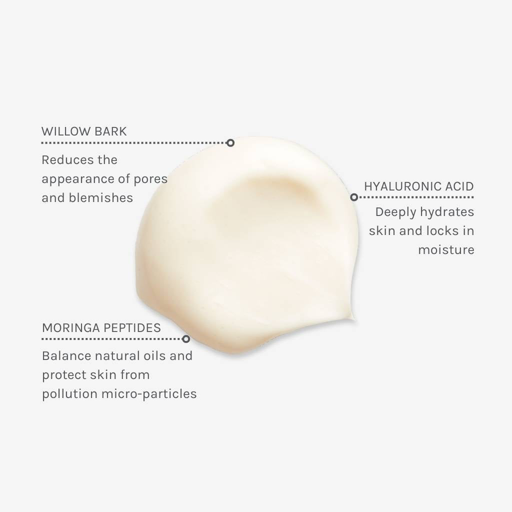 Texture swatch of true balance gel cream with annotations showing benefits of ingredients like willow bark, hyaluronic acid and moringa peptides