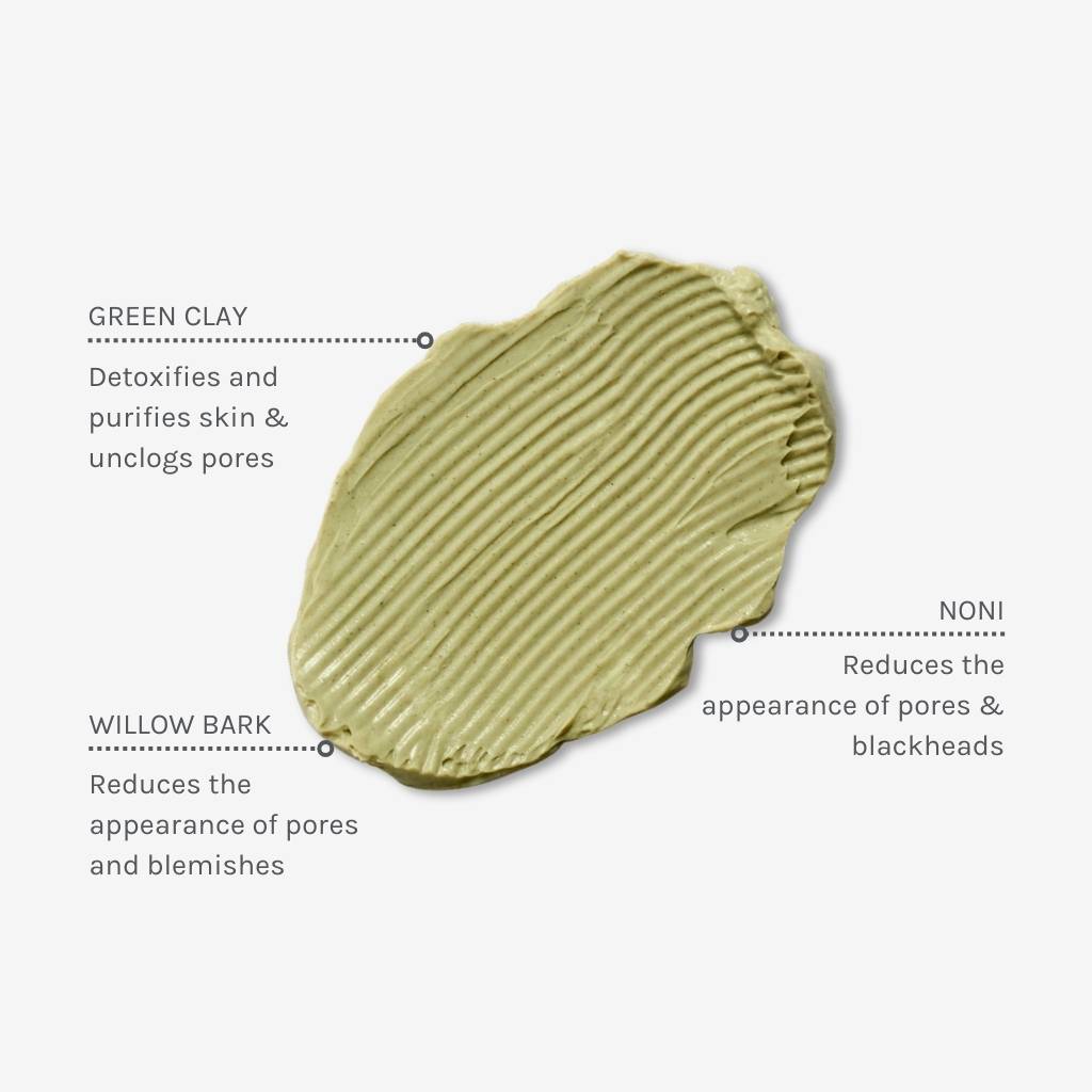 Swatch of true balance sos mask with captions explaining the benefits of three key ingredients including green clay, willow bark and noni