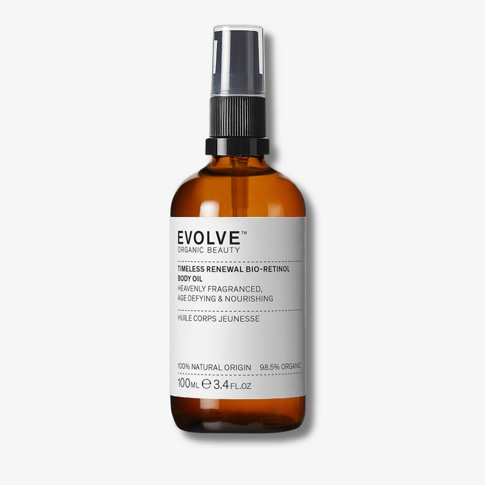 Bottle of Timeless Renewal Bio-Retinol Body Oil on an off white background with shadow behind