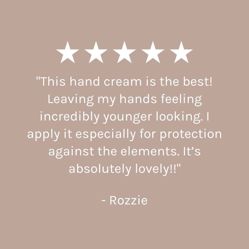 five star customer review on dark beige pink background