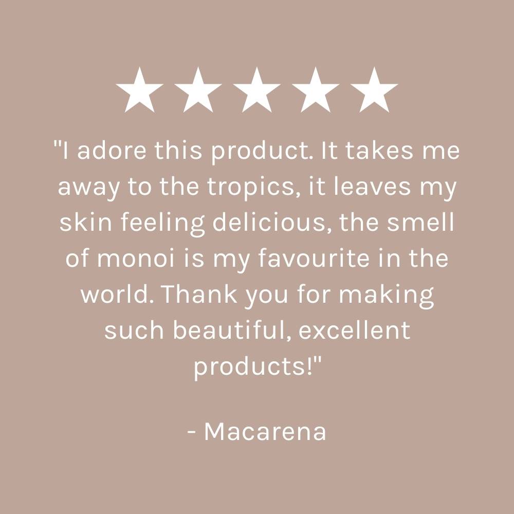 five star customer review on dark beige pink background
