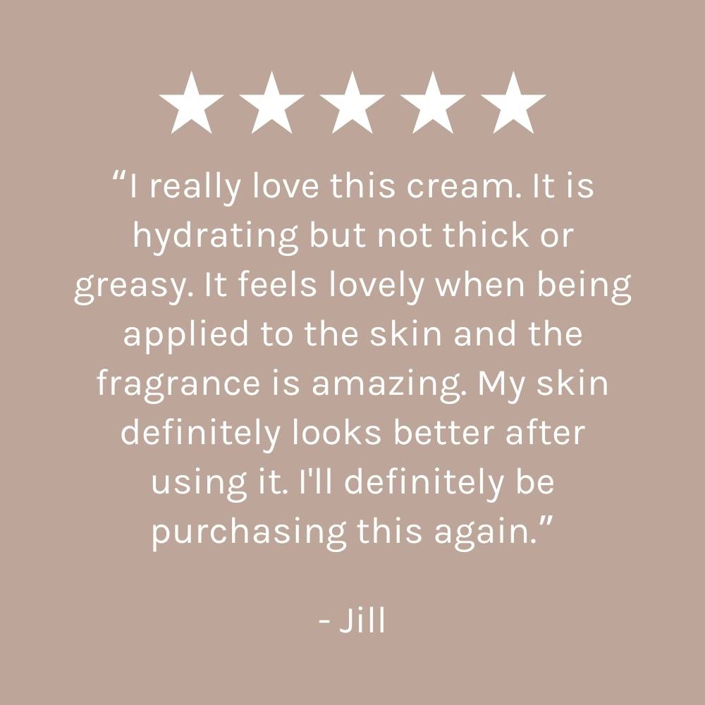 five star customer review on dark beige pink background