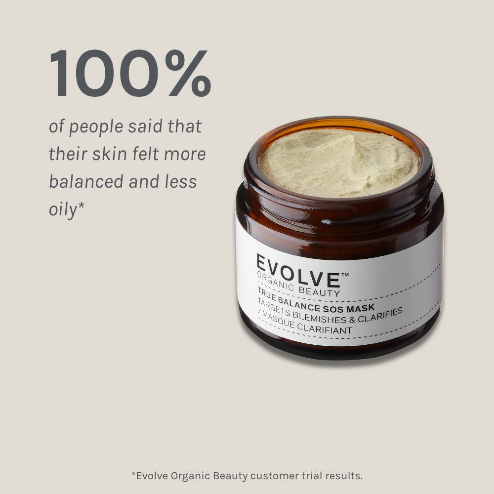 true balance sos mask packshot on dark beige background showing results of a positive consumer panel test