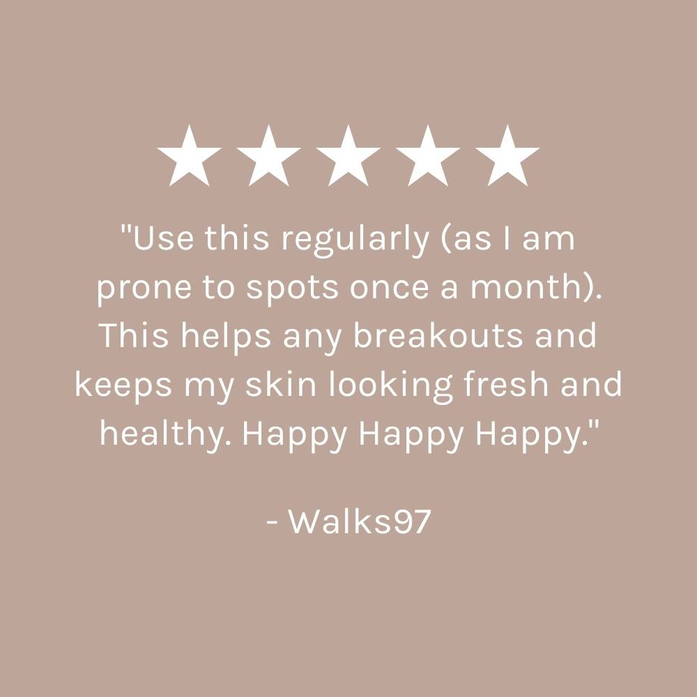 five star customer review on dark beige pink background