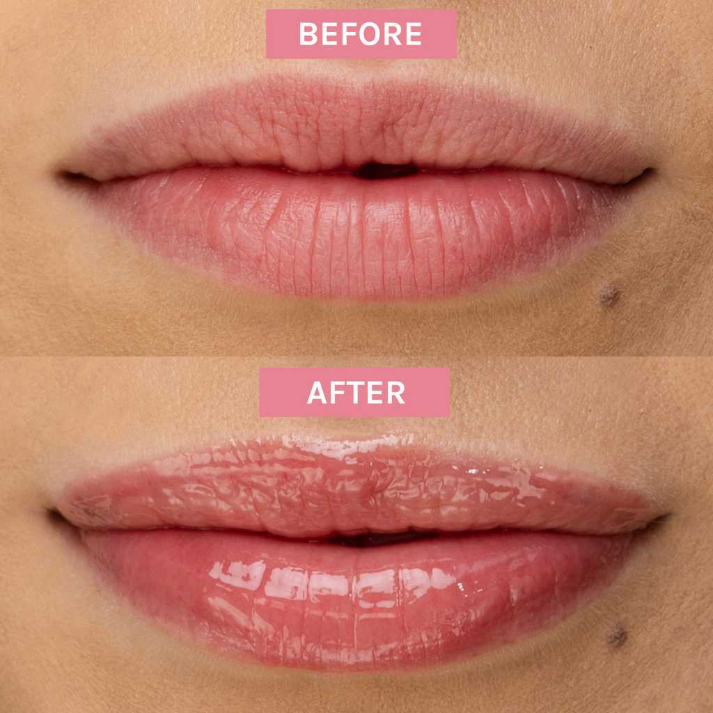 Before and afters of Bio-Retinol Glossy Lip oil on Olive Skin