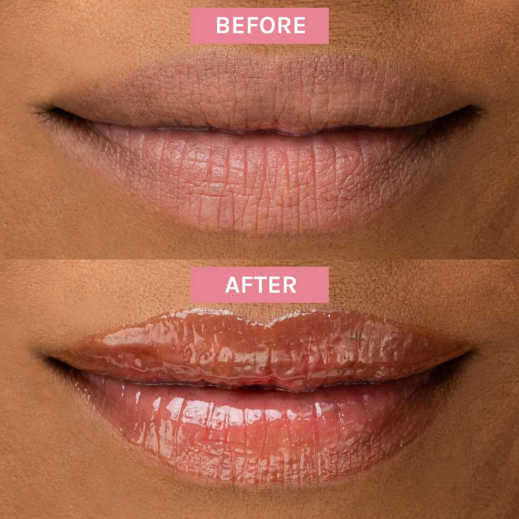 Before and afters of Bio-Retinol Glossy Lip oil on Deep Skin