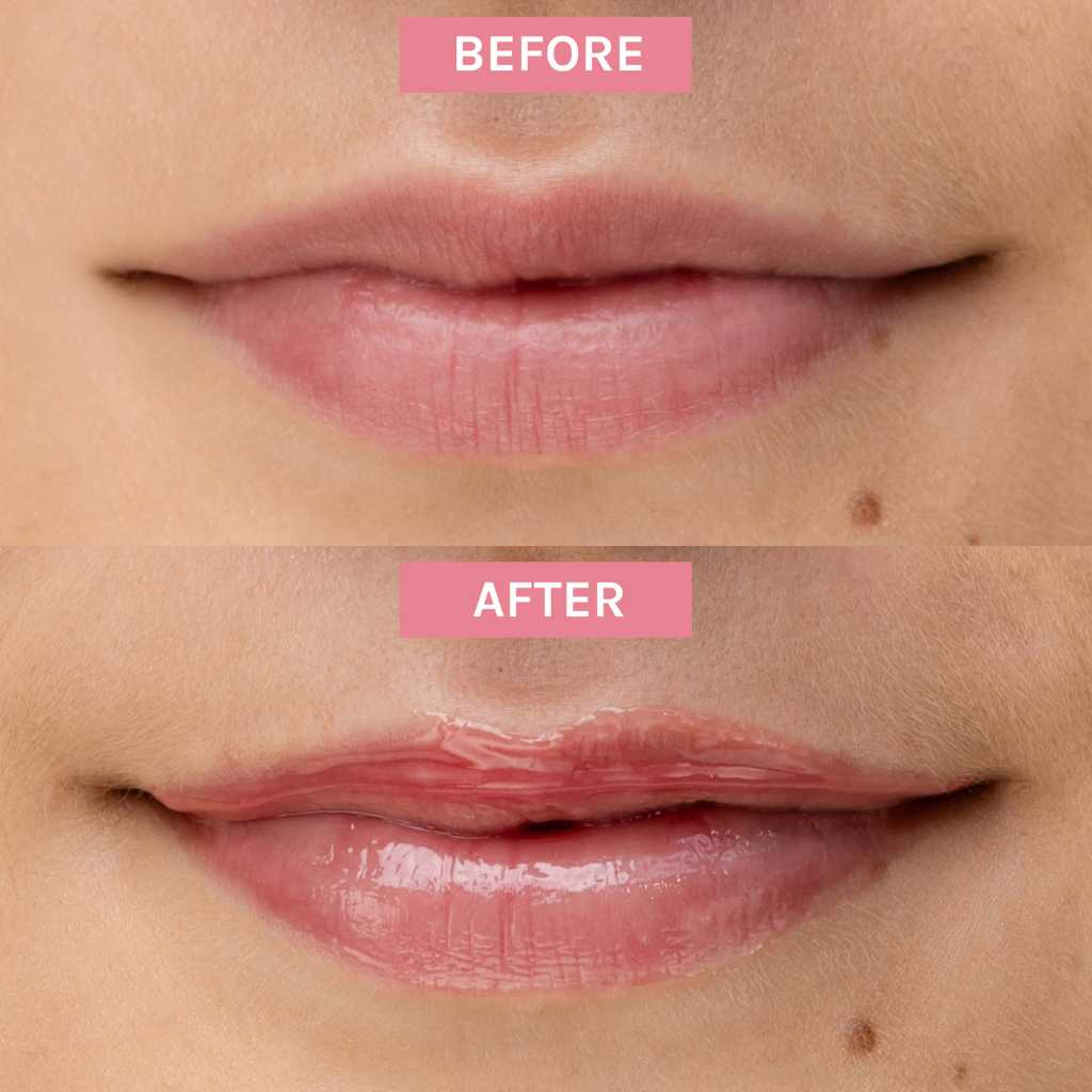 Before and afters of Bio-Retinol Glossy Lip oil on Fair Skin