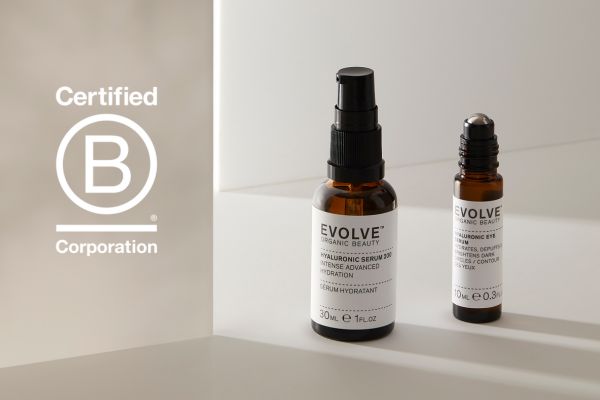 evolve organic beauty products lifestyle with white b corp logo