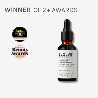 image of blue velver ceramide serum surrounded by awards the product has won