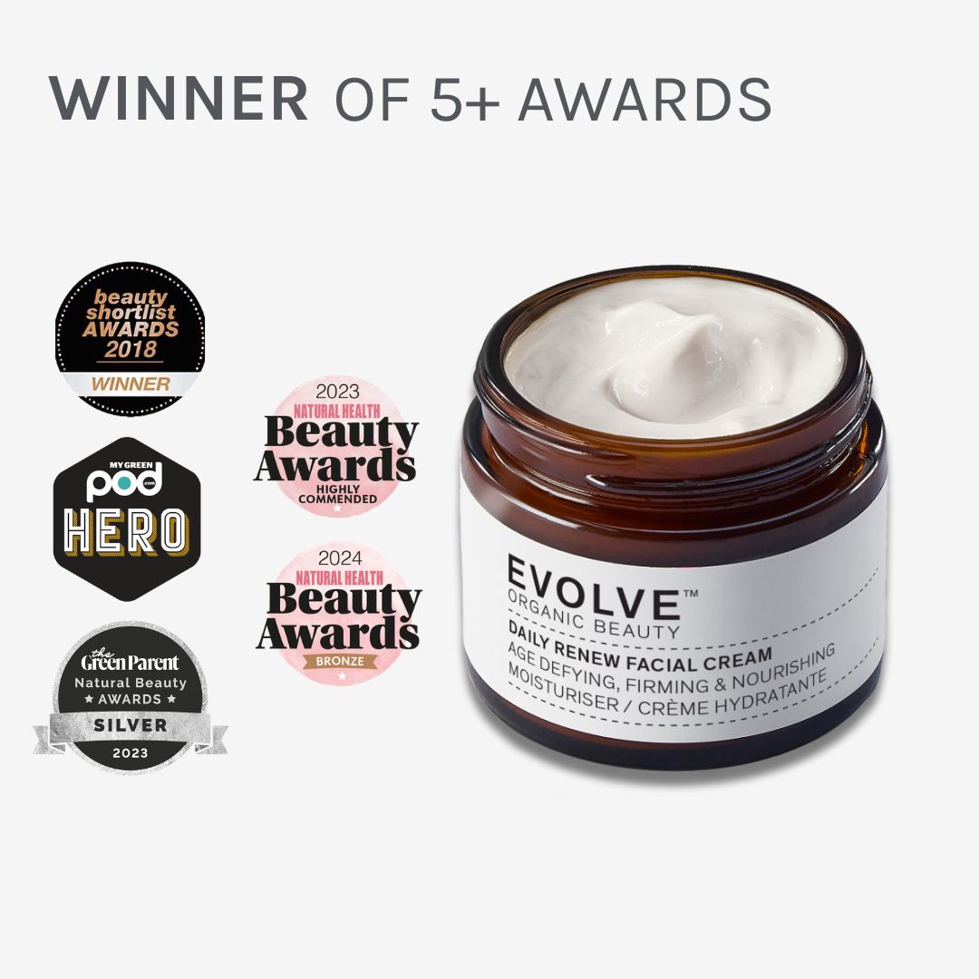 image of daily renew facial cream surrounded by awards the product has won