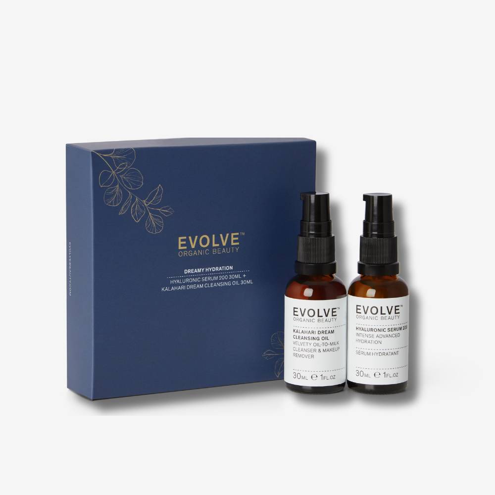Evolve organic beauty dreamy hydration duoe including kalahary dream cleansing oil and hyaluronic serum 200 in blue box on a white background