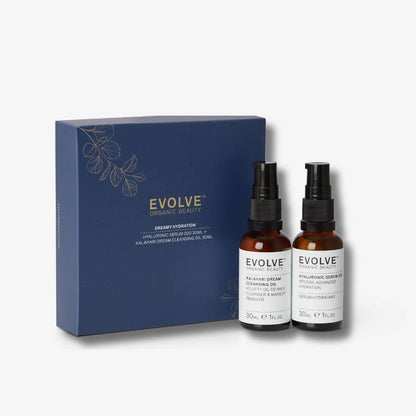 Evolve organic beauty dreamy hydration duoe including kalahary dream cleansing oil and hyaluronic serum 200 in blue box on a white background