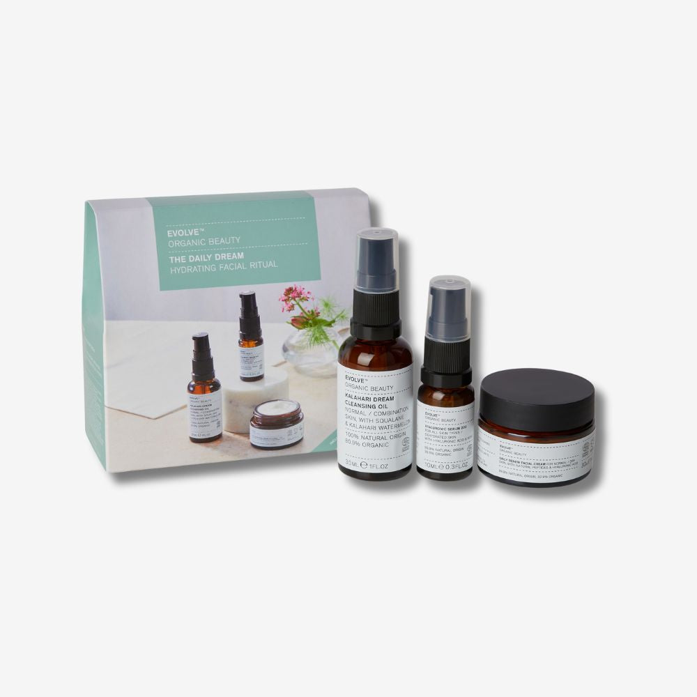 evolve organic beauty daily dream facial ritual with green gift box on off white background