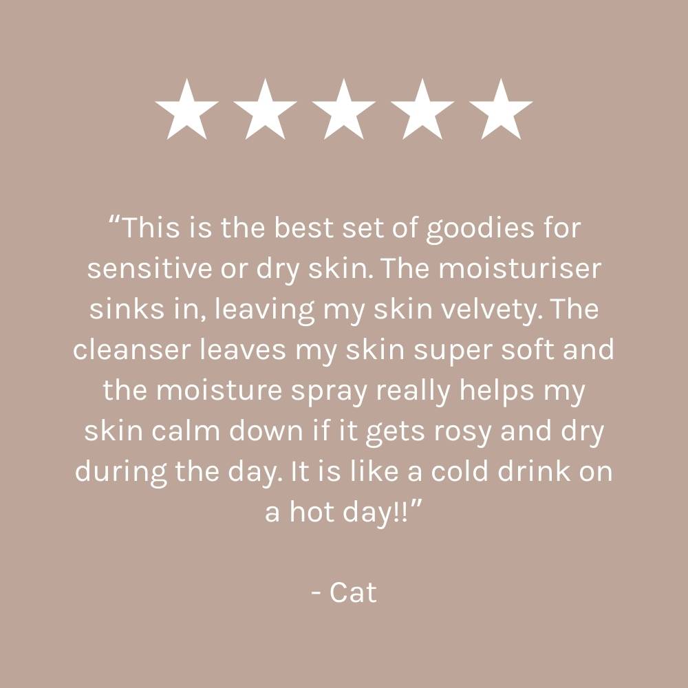 five star customer review on dark beige pink background