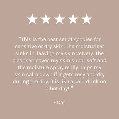 five star customer review on dark beige pink background