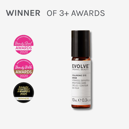 image of hyaluronic eye serum surrounded by awards the product has won