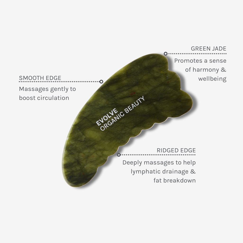 Image of jade body gua sha with annotations showing benefits like Smooth edge, ridged edge and green jade