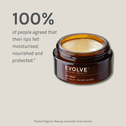 Lip Treat packshot on dark beige background showing results of a positive consumer panel test